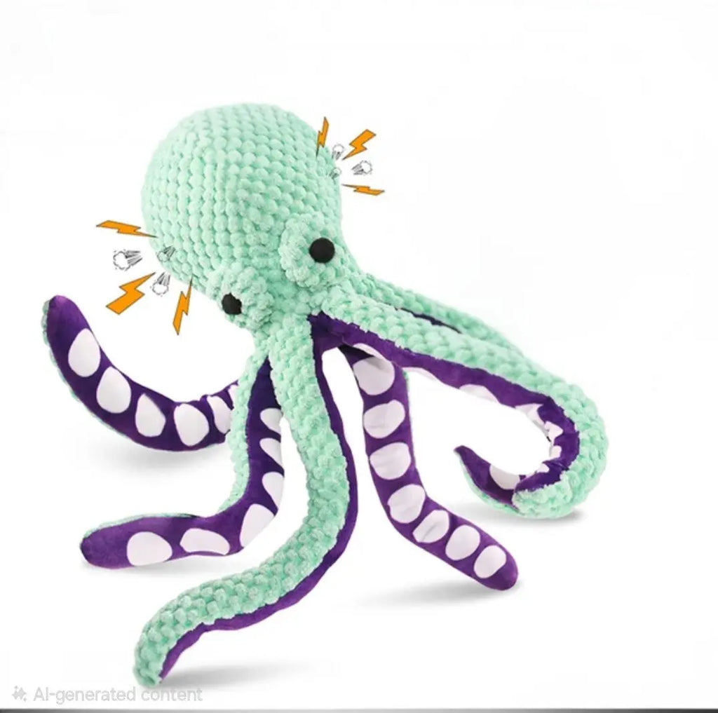 12" Plush Octopus Dog Toy with Squeaker Ball & Crinkle Legs Chew Crew