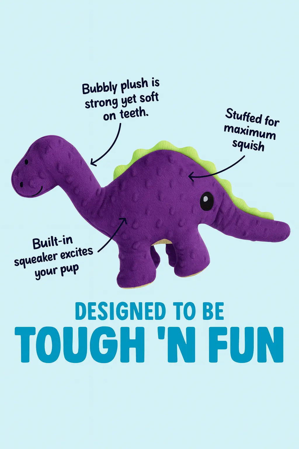 goDog Dinos Bruto Purple Plush Dog Toy – Chew Guard™ Durable Squeaky Toy (Small) Chew Crew